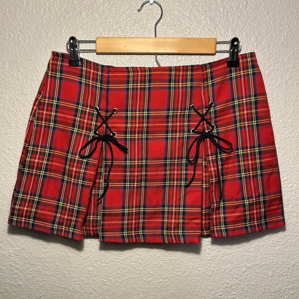 Vintage Y2K Lip Service red plaid mini skirt with lace-up detail